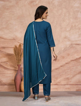 Blue Cotton Blend Embroidered Suit Set with Silk Dupatta