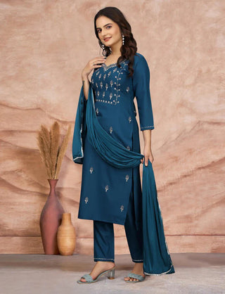 Blue Cotton Blend Embroidered Suit Set with Silk Dupatta