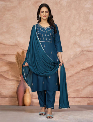 Blue Cotton Blend Embroidered Suit Set with Silk Dupatta