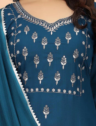 Blue Cotton Blend Embroidered Suit Set with Silk Dupatta