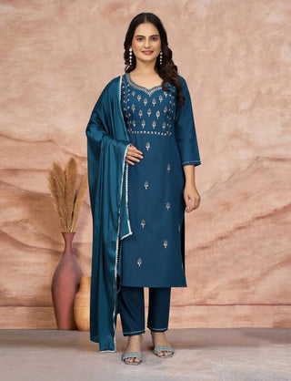 Blue Cotton Blend Embroidered Suit Set with Silk Dupatta