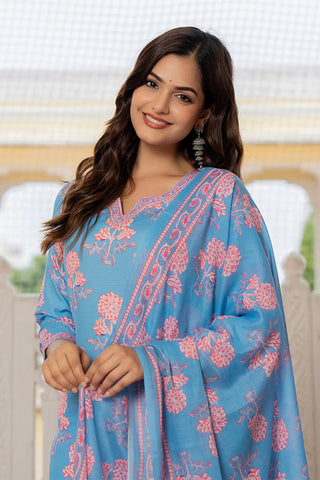 Blue Rayon Blend Floral Print Straight Shape Suit Set with Dupatta