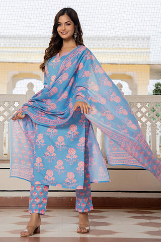 Blue Rayon Blend Floral Print Straight Shape Suit Set with Dupatta