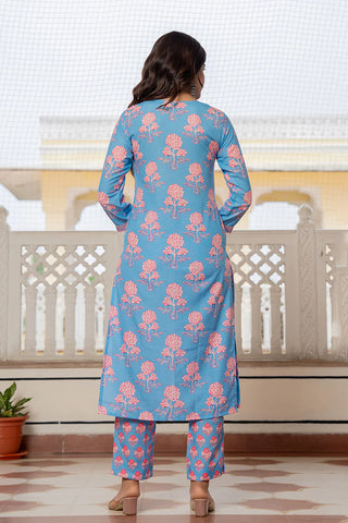 Blue Rayon Blend Floral Print Straight Shape Suit Set with Dupatta