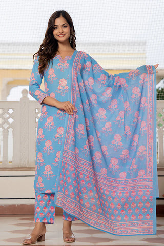 Blue Rayon Blend Floral Print Straight Shape Suit Set with Dupatta