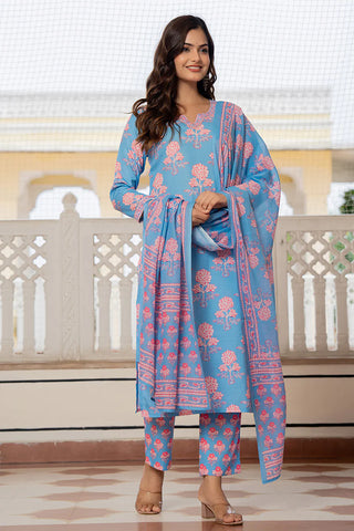 Blue Rayon Blend Floral Print Straight Shape Suit Set with Dupatta