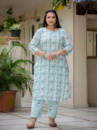 Blue Cotton Floral Print Straight Shape Suit Set with Dupatta