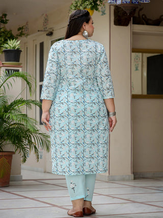 Blue Cotton Floral Print Straight Shape Suit Set with Dupatta