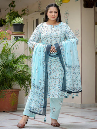 Blue Cotton Floral Print Straight Shape Suit Set with Dupatta