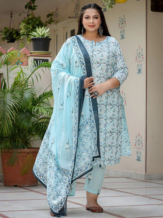 Blue Cotton Floral Print Straight Shape Suit Set with Dupatta