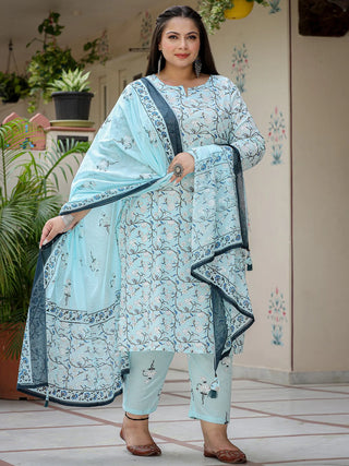 Blue Cotton Floral Print Straight Shape Suit Set with Dupatta