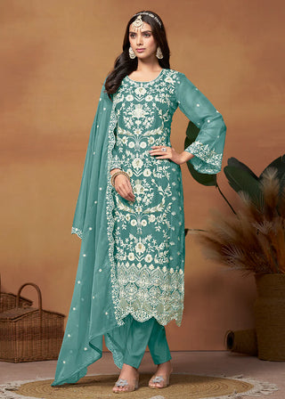 Blue Organza Floral Embroidered, Thread & Sequins Detailing Suit Set with Dupatta