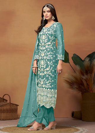 Blue Organza Floral Embroidered, Thread & Sequins Detailing Suit Set with Dupatta