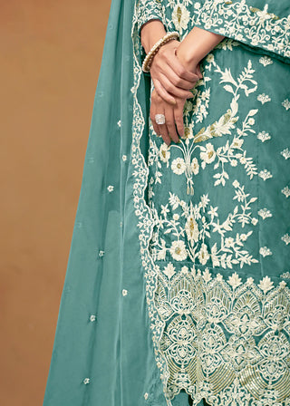 Blue Organza Floral Embroidered, Thread & Sequins Detailing Suit Set with Dupatta