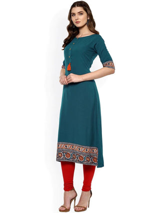 Turquoise Blue Poly Crepe Print Detailing A Line Kurta