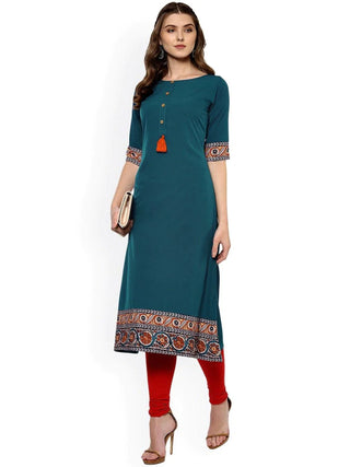 Turquoise Blue Poly Crepe Print Detailing A Line Kurta