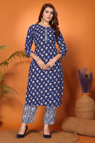 Blue Viscose Printed & Embroidered Kurta Pant Set