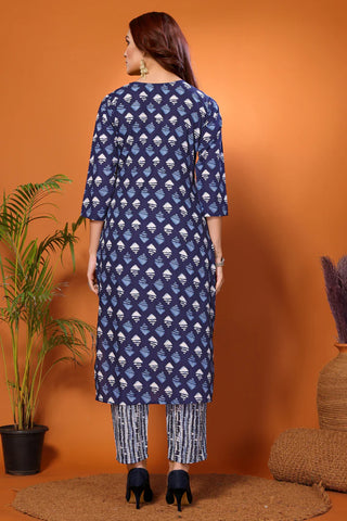 Blue Viscose Printed & Embroidered Kurta Pant Set