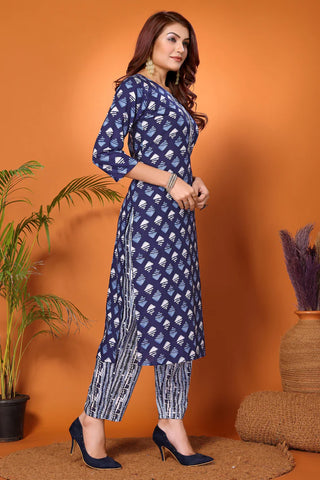 Blue Viscose Printed & Embroidered Kurta Pant Set