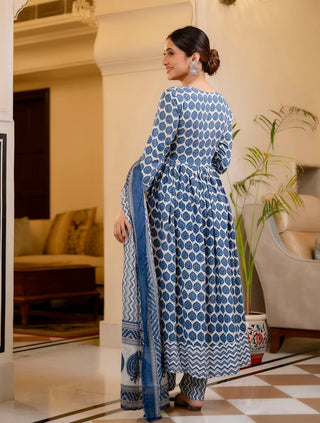 Blue & White Viscose Printed Anarkali Suit Set with Kota Doria Dupatta