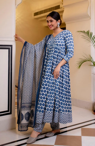 Blue & White Viscose Printed Anarkali Suit Set with Kota Doria Dupatta