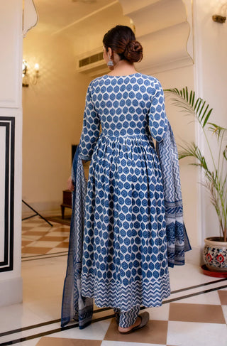 Blue & White Viscose Printed Anarkali Suit Set with Kota Doria Dupatta