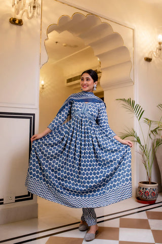 Blue & White Viscose Printed Anarkali Suit Set with Kota Doria Dupatta