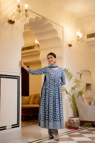 Blue & White Viscose Printed Anarkali Suit Set with Kota Doria Dupatta