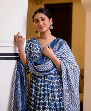 Blue & White Viscose Printed Anarkali Suit Set with Kota Doria Dupatta