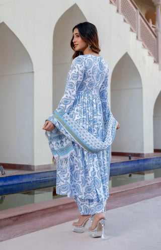 Blue Viscose Block Print Suit Set with Kota Doria Dupatta