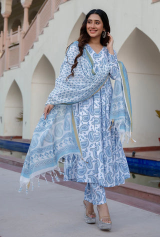 Blue Viscose Block Print Suit Set with Kota Doria Dupatta