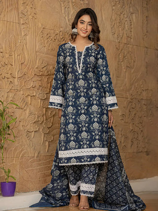 Blue Cotton Floral Yoke Print Pakistani Style Suit Set with Voile Dupatta