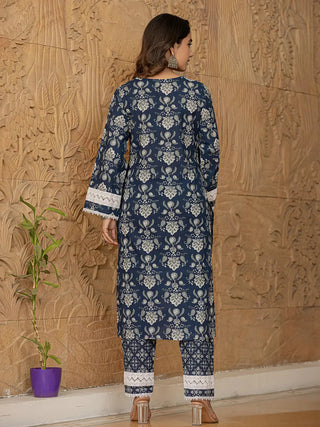 Blue Cotton Floral Yoke Print Pakistani Style Suit Set with Voile Dupatta