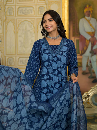 Blue Viscose Printed & Embroidered Straight Shape Suit Set with Chanderi Cotton Dupatta