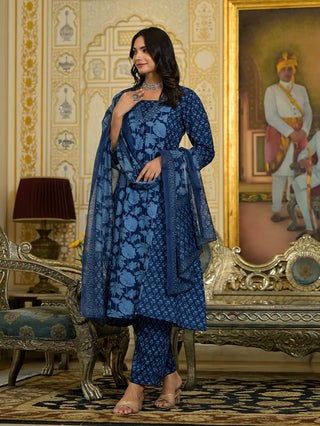 Blue Viscose Printed & Embroidered Straight Shape Suit Set with Chanderi Cotton Dupatta