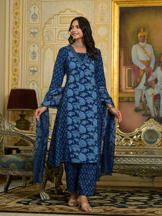 Blue Viscose Printed & Embroidered Straight Shape Suit Set with Chanderi Cotton Dupatta