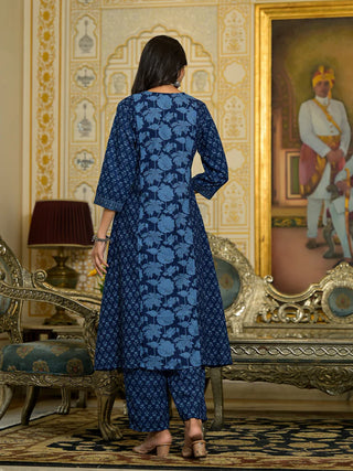 Blue Viscose Printed & Embroidered Straight Shape Suit Set with Chanderi Cotton Dupatta