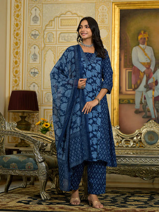 Blue Viscose Printed & Embroidered Straight Shape Suit Set with Chanderi Cotton Dupatta