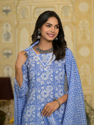 Blue Viscose Printed & Embroidered Suit Set with Chanderi Cotton Dupatta