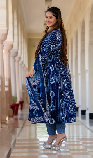 Blue Viscose Printed Kurta Pant Set with Chanderi Cotton Dupatta