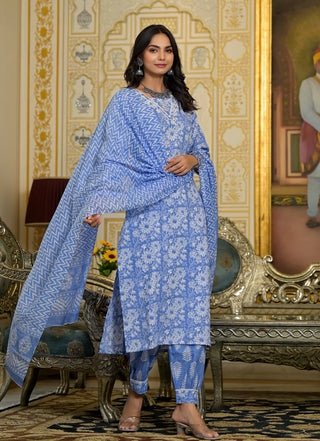 Blue Viscose Printed & Embroidered Suit Set with Chanderi Cotton Dupatta