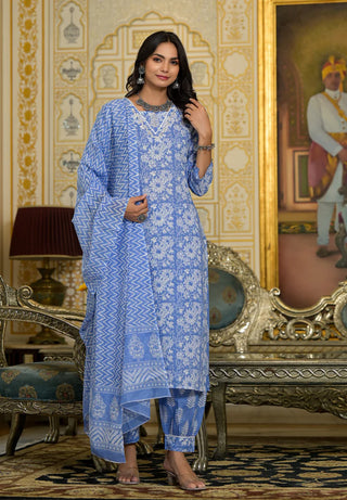 Blue Viscose Printed & Embroidered Suit Set with Chanderi Cotton Dupatta