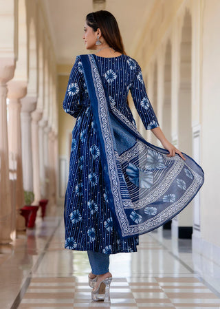 Blue Viscose Printed Kurta Pant Set with Chanderi Cotton Dupatta