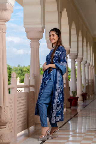 Blue Viscose Printed Kurta Pant Set with Chanderi Cotton Dupatta