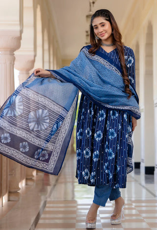 Blue Viscose Printed Kurta Pant Set with Chanderi Cotton Dupatta