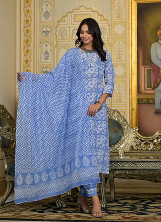 Blue Viscose Printed & Embroidered Suit Set with Chanderi Cotton Dupatta