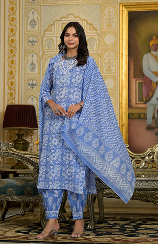 Blue Viscose Printed & Embroidered Suit Set with Chanderi Cotton Dupatta