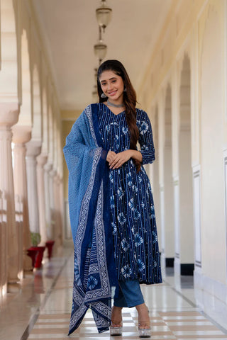 Blue Viscose Printed Kurta Pant Set with Chanderi Cotton Dupatta