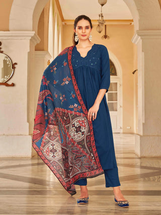 Royal Blue Muslin Tonal with Sequins Embroidered A Line Alia Cut Suit Set with Poly Silk Printed Dupatta