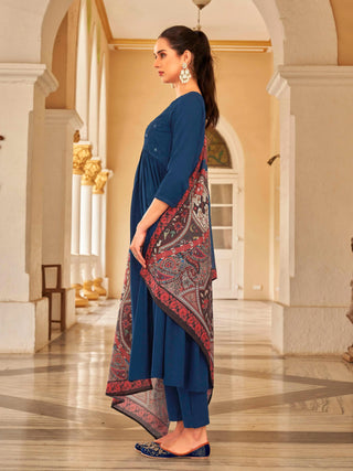 Royal Blue Muslin Tonal with Sequins Embroidered A Line Alia Cut Suit Set with Poly Silk Printed Dupatta